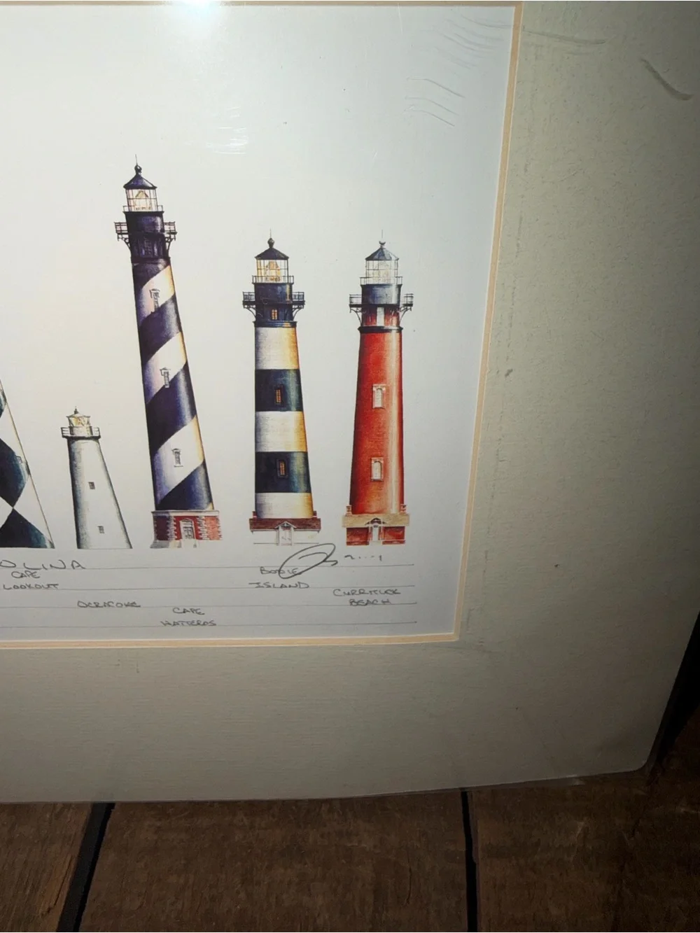 Framed Lighthouse Painting Print Cream Mat - NC SC and Georgia Lights Artwork